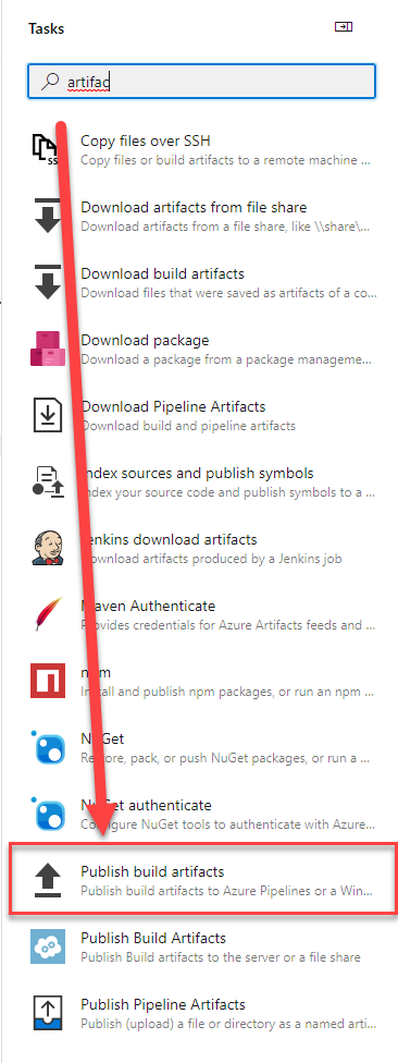 Highlight the Publish build artifacts task in the task list