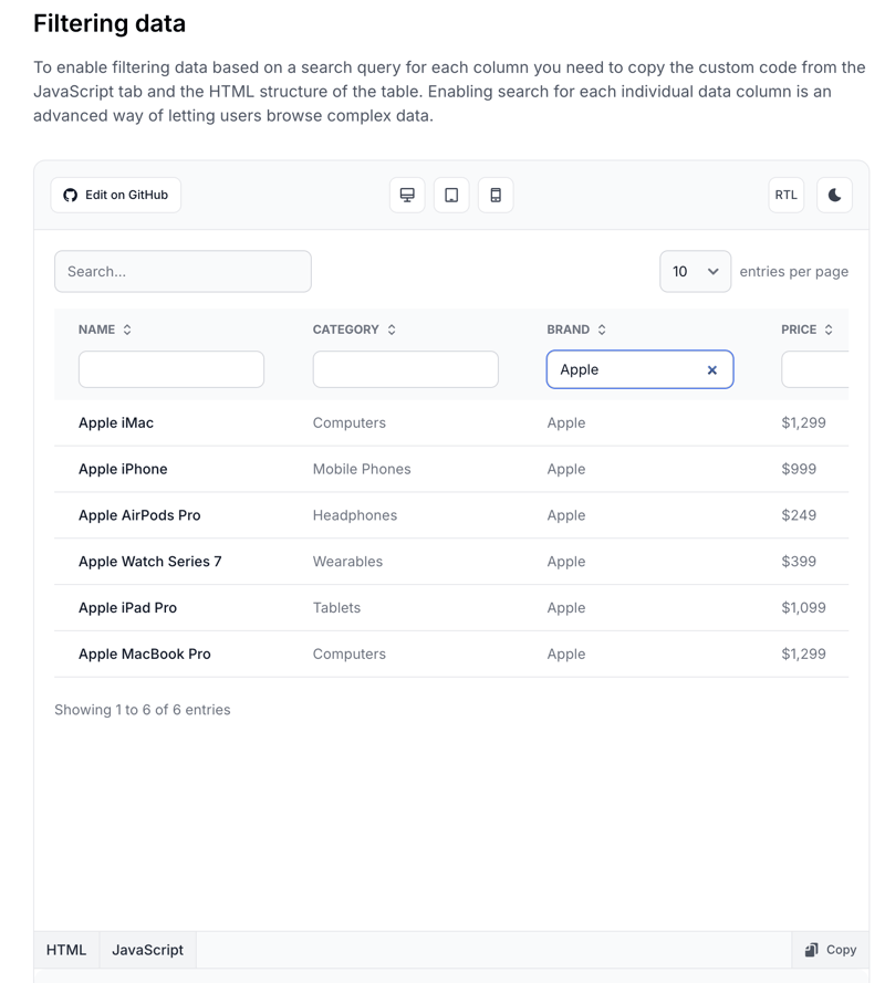 Tailwind CSS Table Filter