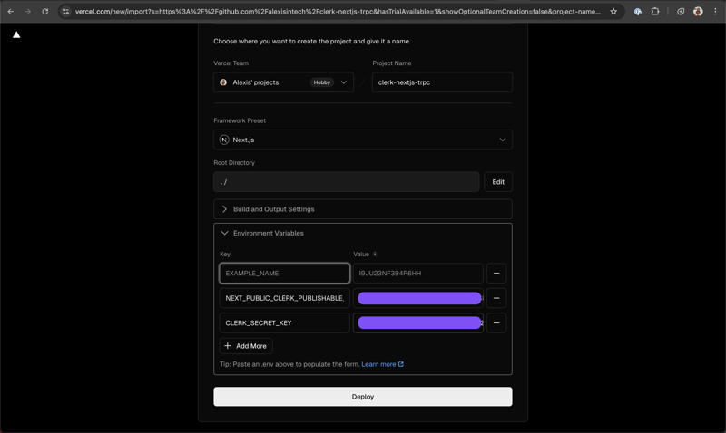 Vercel dashboard showing where to input environment variables