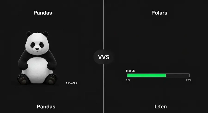 A split screen or side-by-side comparison illustrating a performance benchmark, with one side showing 'Pandas' and a slightly slower progress bar, and the other side showing 'Polars' with a much faster, almost complete progress bar, symbolizing its speed.