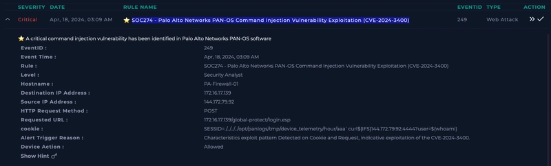 LetsDefend: SOC274 - Palo Alto Networks PAN-OS Command Injection Vulnerability Exploitation (CVE-2024-3400)