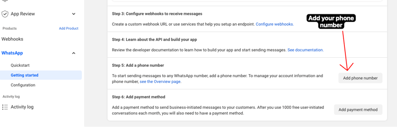 Image of facebook developers whatsapp cloud api dashboard