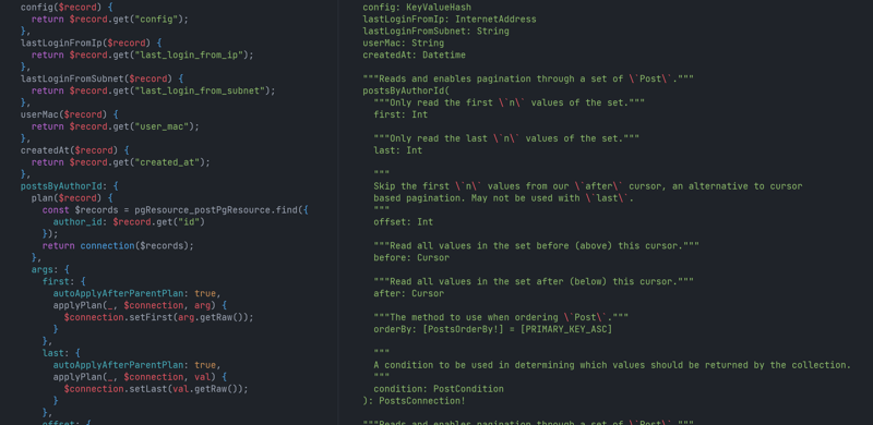 Terminal screenshot in two columns, left column showing JS code and right showing GraphQL schema definition language.