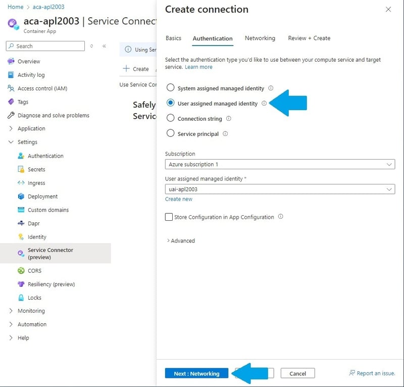 Selecting User assigned managed identity