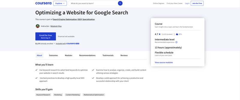 Coursera course on Optimizing a Website for Google Search