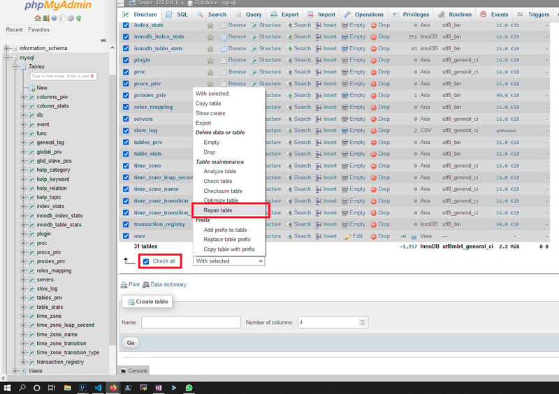 Repairing the tables in phpmyadmin