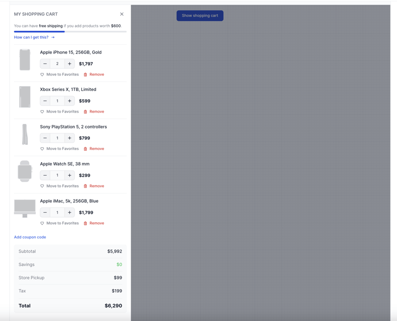 Tailwind CSS Shopping Cart with drawer