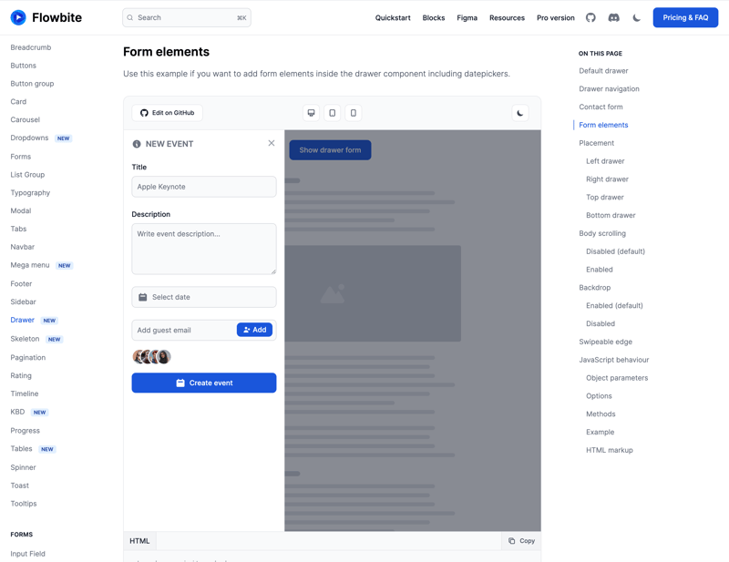 Tailwind CSS Drawer Form Elements - Flowbite