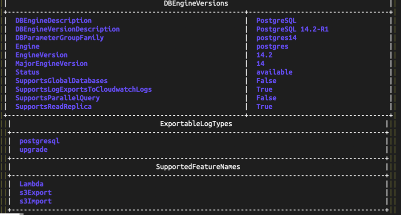 AWS CLI view of current version of postgres