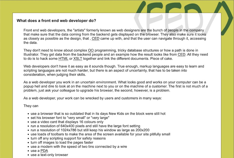 Article explaining what a front end developer does, written in 2002