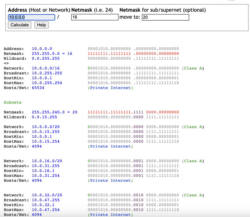 network /16 - subnet /20