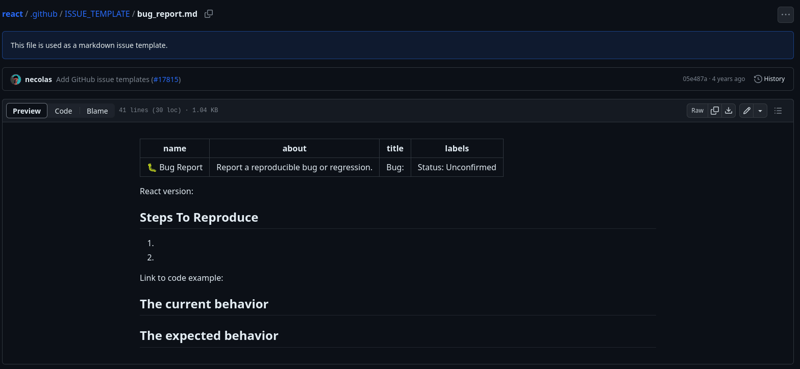 Preview do template de issue do tipo bug no repositório do React