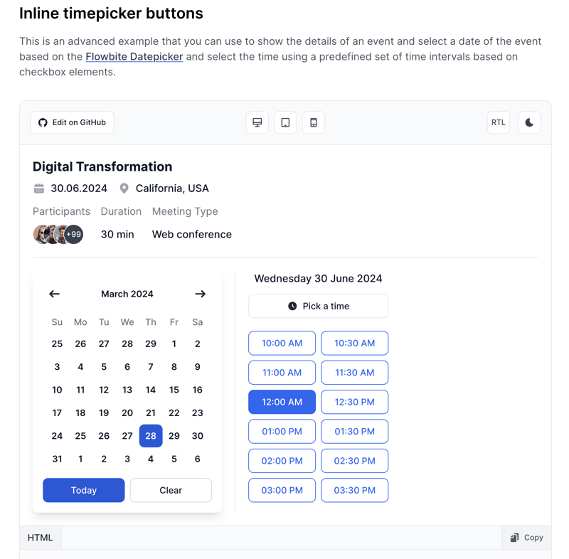 Tailwind CSS timepicker with datepicker