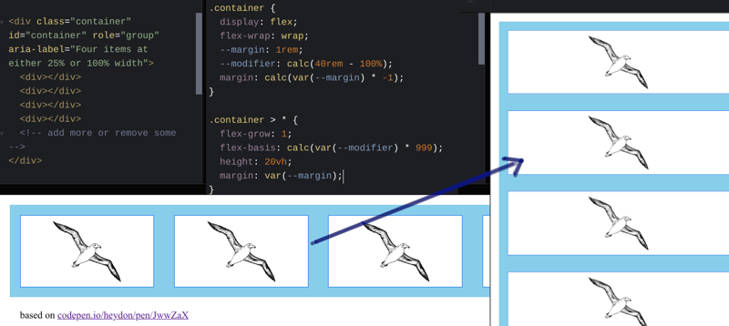 Codepen: Flexbox Albatross without Container Queries (screenshot)