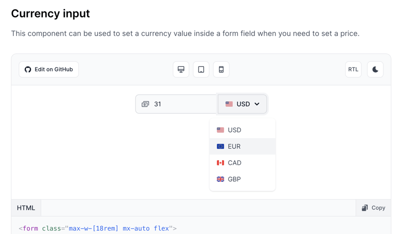 Tailwind CSS Currency Input - Flowbite