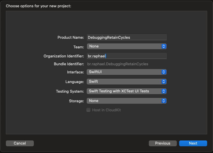 Setting project properties. Name, Organization and Interface Framework