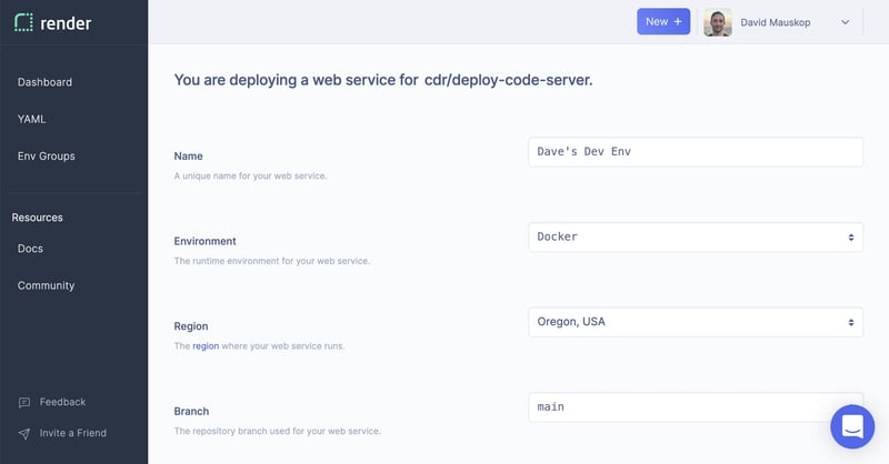 Screenshot of the Render dashboard showing service creation flow for code-server