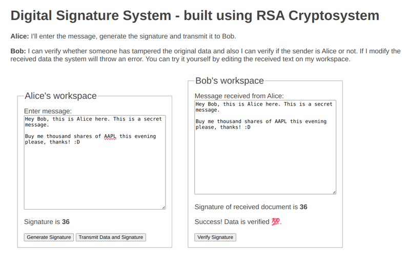 RSA digital signature made for freeCodeCamp's cryptography curriculum.