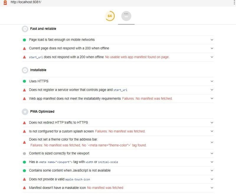 PWA report before applying PWA plugin on my webpage