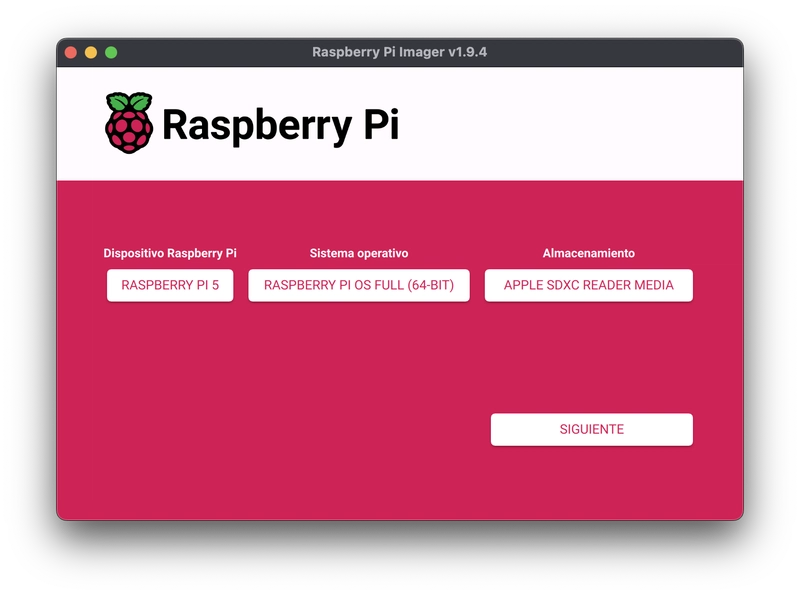 Raspberry Pi Imager showing device selection