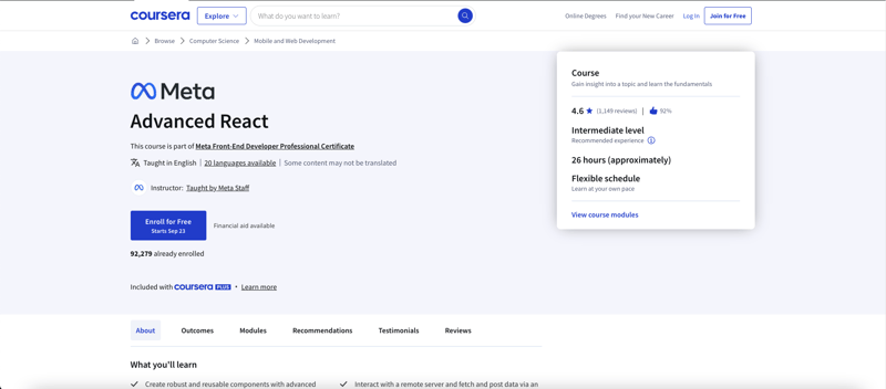 Meta Advanced React course details on Coursera