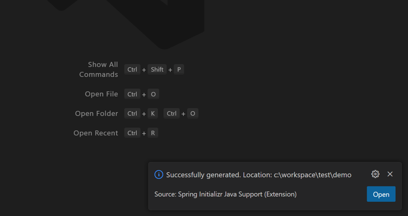 Open button on the bottom left of VS Code