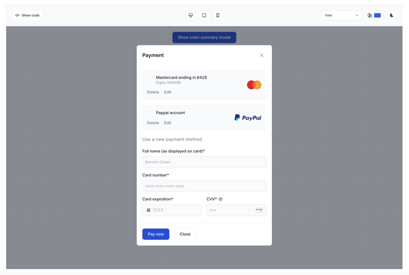 Tailwind CSS Payment form with modal