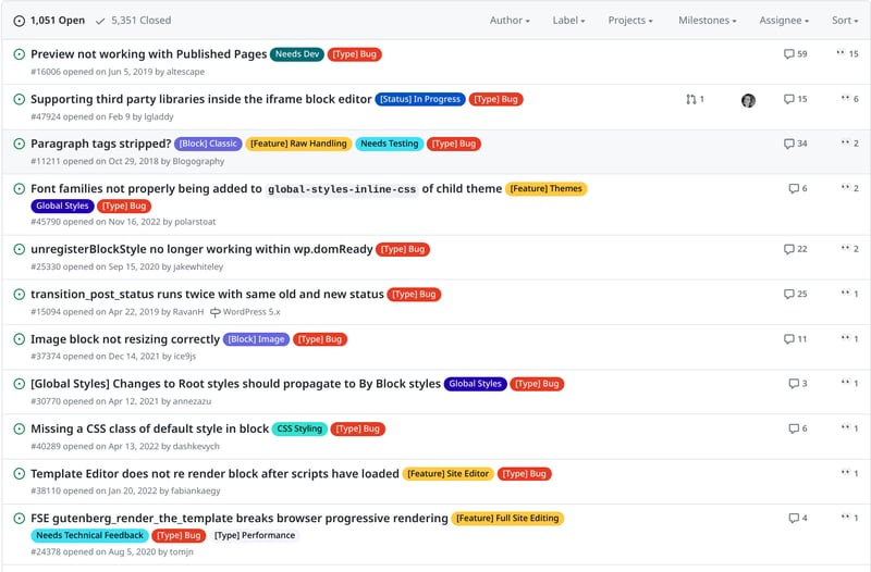 Screenshot of open WordPress/Gutenberg GitHub issues with bug label