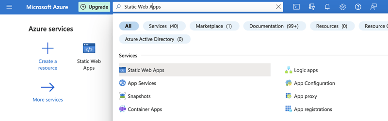 Search for Static Web Apps in Azure