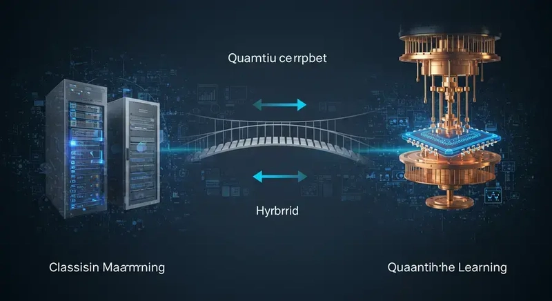 A conceptual image showing a bridge connecting a classical computer (represented by a traditional server rack) with a quantum computer (represented by a stylized quantum chip or qubit visualization). The bridge symbolizes the 