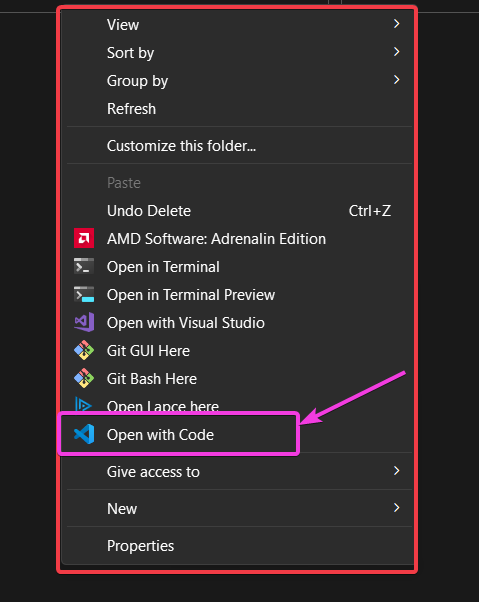 menu this will allow us to open any folder directly in vscode