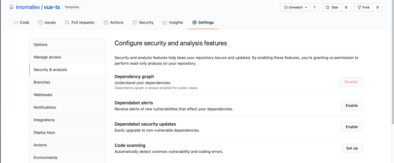 Configure security and analysis features