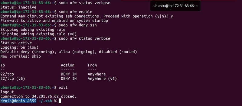 ufw deny ssh command