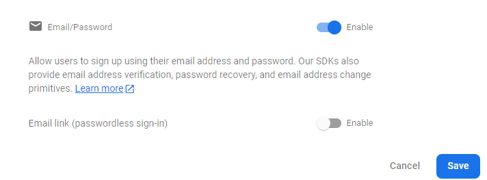 Shows the email/password registration page with email turned on