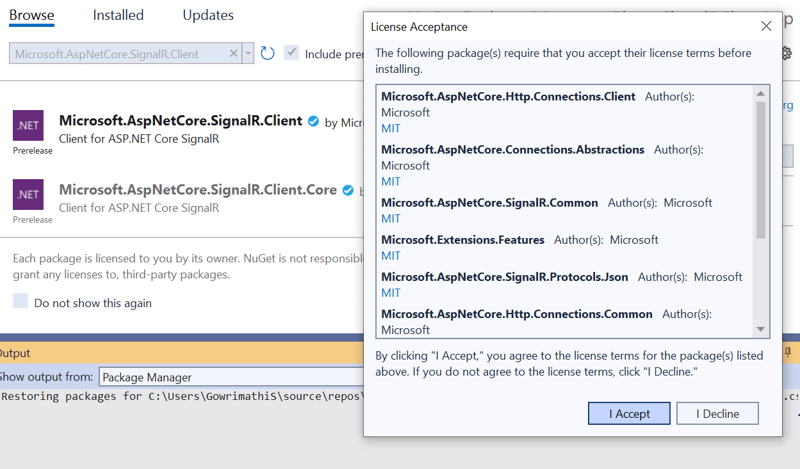 Select Microsoft.AspNetCore.SignalR.Client package