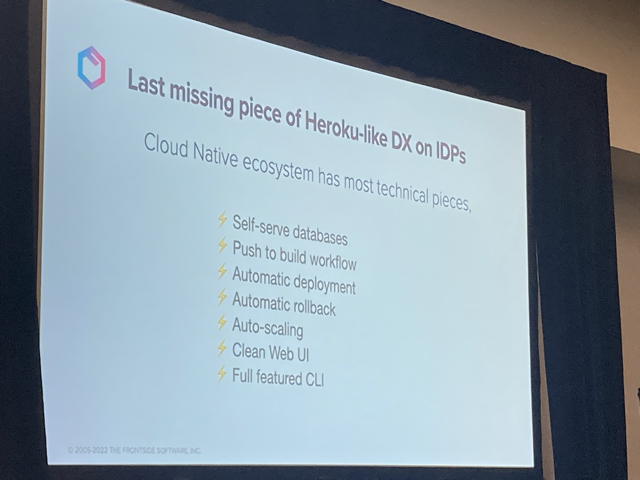 Slide title: Last missing piece of Heroku-like DX on IDPs. Mid line: 