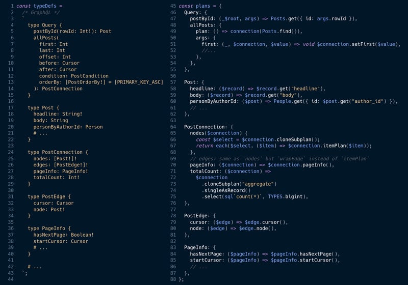 A screenshot showing GraphQL type definitions on the left and 'plan resolvers' on the right; the plan resolvers are between 1 and 3 lines of code each and look similar to traditional resolvers