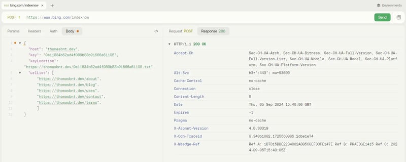 200 OK response from IndexNow request with HTTPie as HTTP client