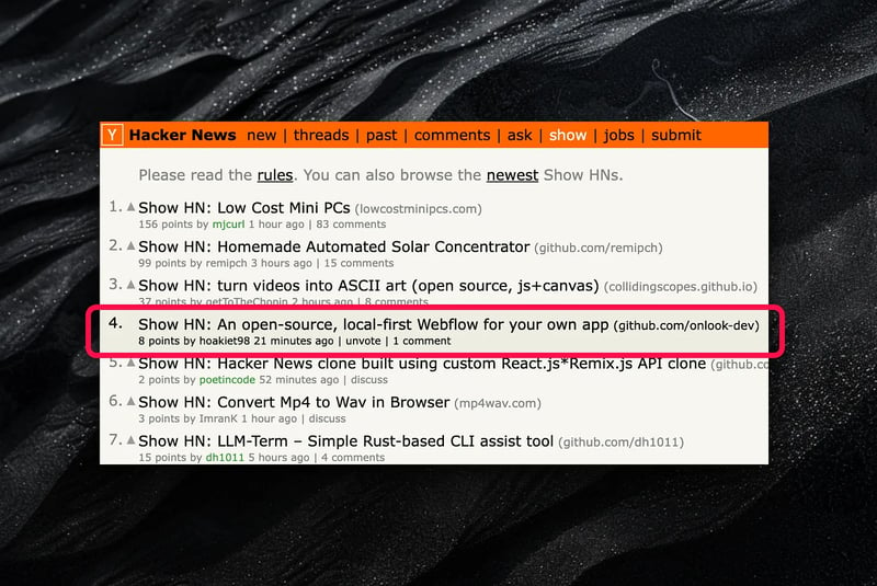 Arrow pointing to the Show HN category on Hacker News