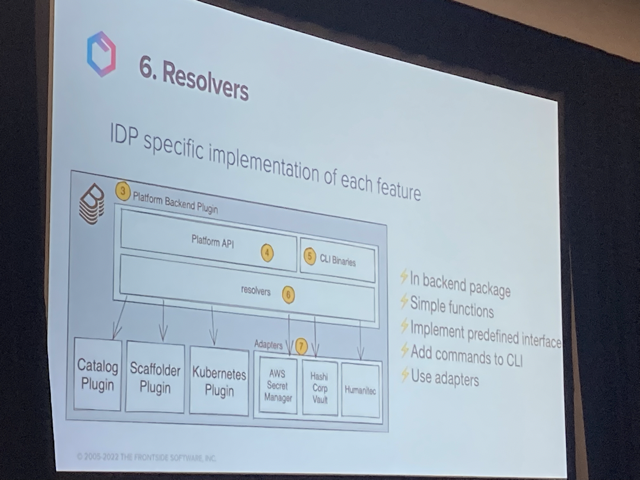 Slide: Resolvers, IDP specific implementation of each feature, then shows a diagram of the Platform Backend Plugin, and how it connects to Platform API, CLI binaries, resolvers and various plugins and adapters.