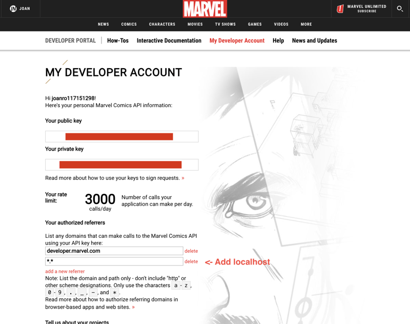 Marvel developer account page