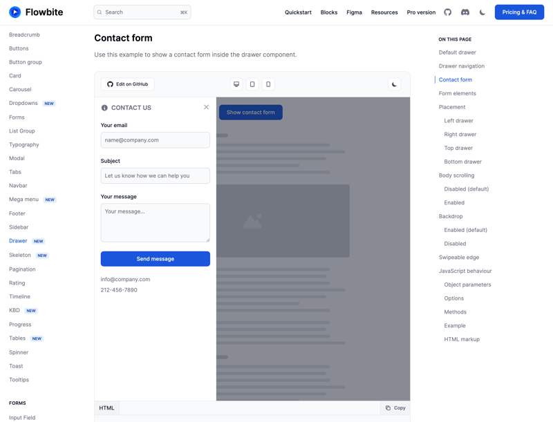 Tailwind CSS Drawer Contact Form - Flowbite