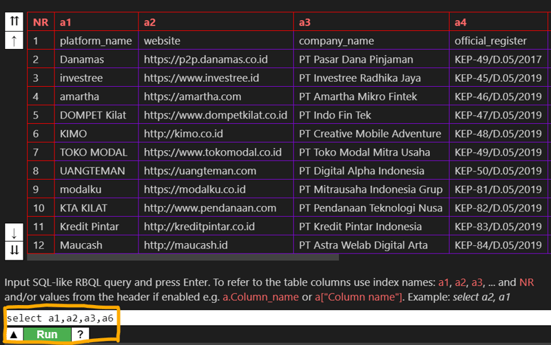 Run query to select column