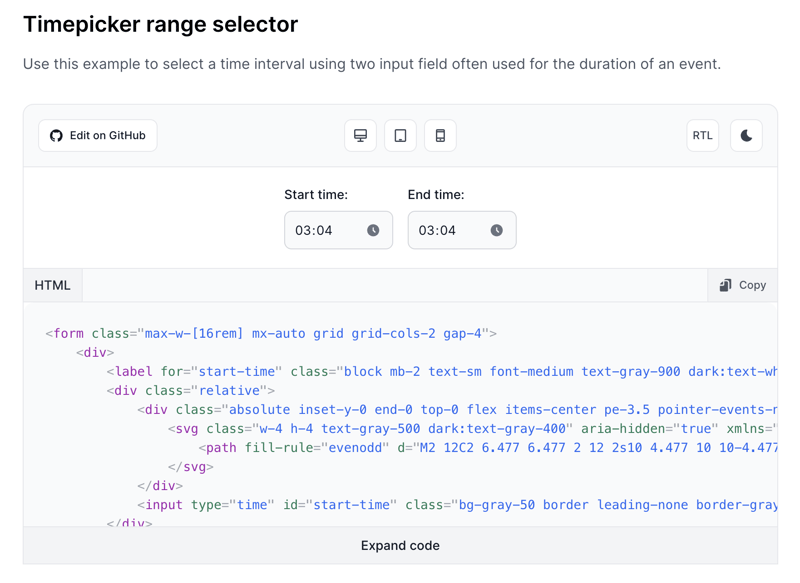 Tailwind CSS timepicker with range selector