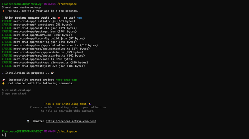 successfully created project nest-crud-app