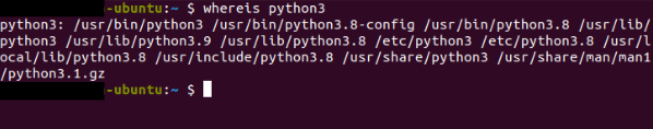 Screenshot of Ubuntu terminal that shows the output of whereis python3 command. The output shows paths we can find python3