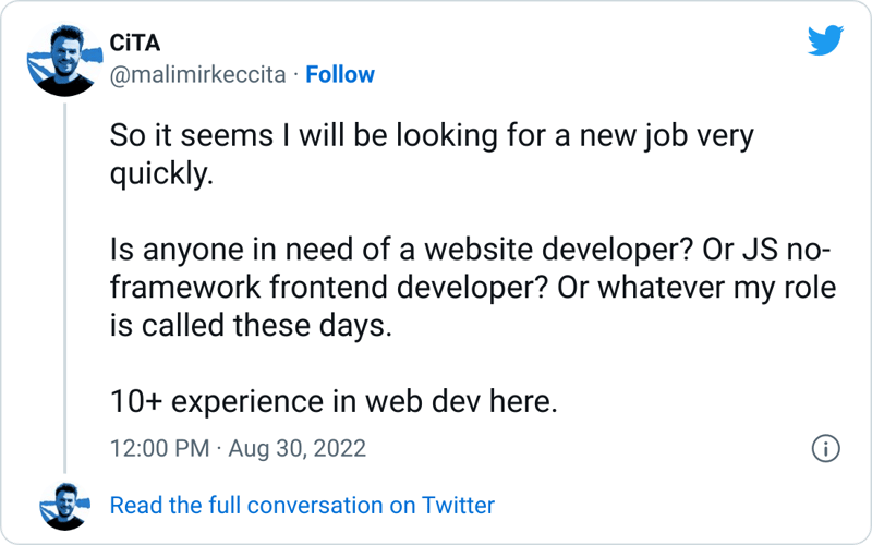 Screenshot of a tweet of mine about searching for a new role.