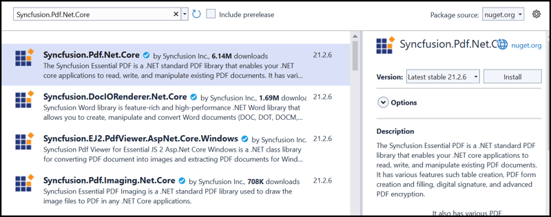 Install the Syncfusion.Pdf.Net.Core NuGet package