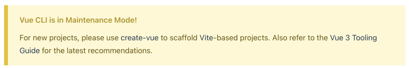 Screenshot of a message from Vue saying 'Vue CLI is in Maintenance Mode!'