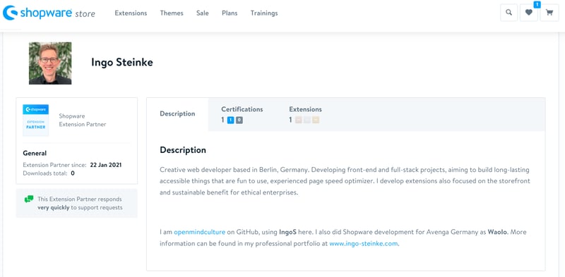 Ingo Steinke's Shopware extension partner page